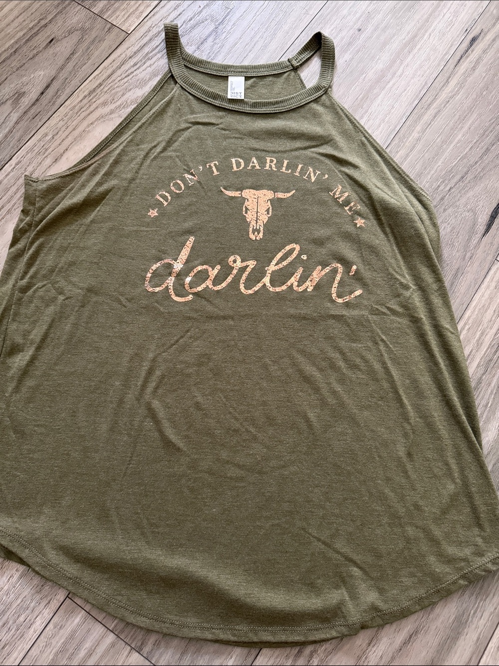District Olive Graphic Halter Tank with Faded Tan Script